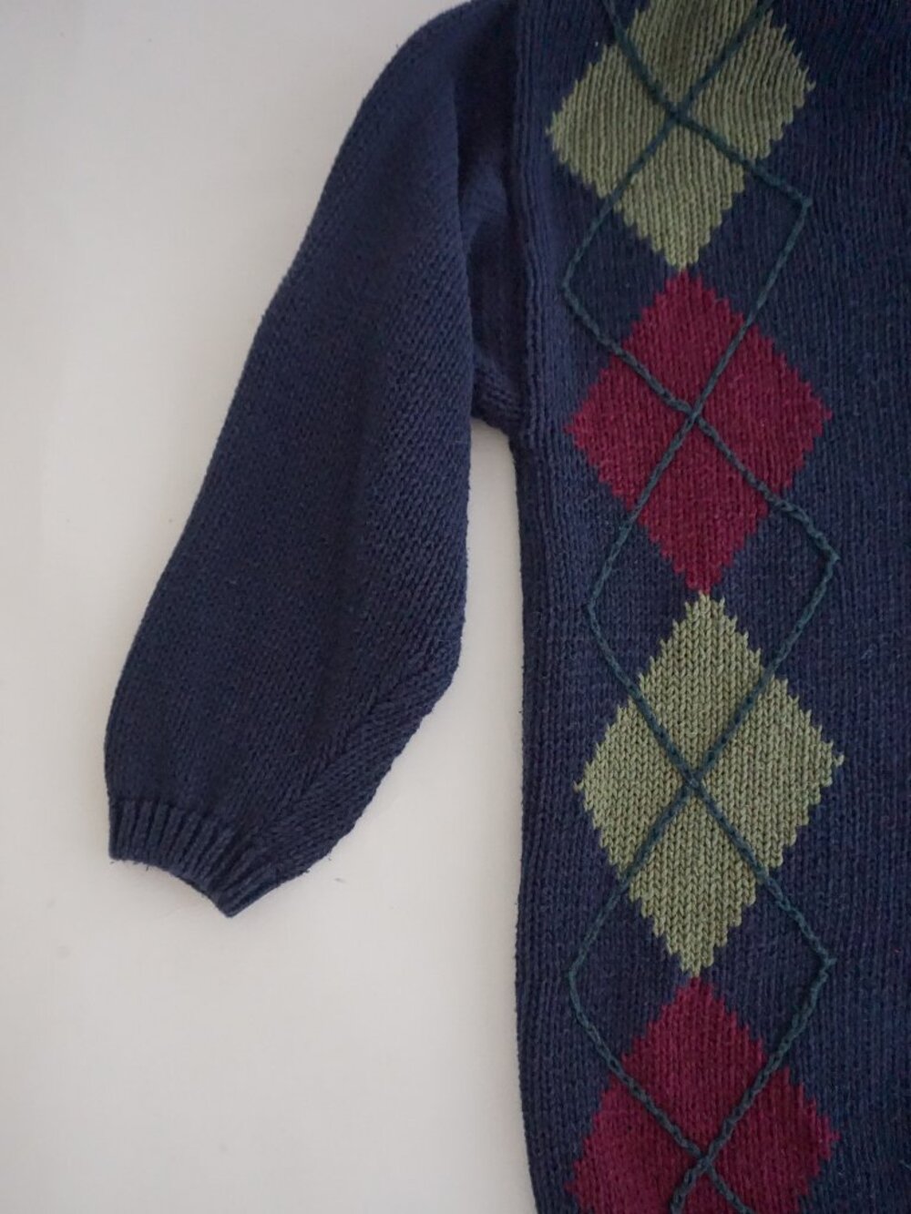 Vintage White Stag Navy Burgundy Argyle Flowers Embroidered Cotton Sweater XL - Picture 7 of 13